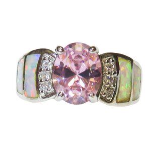 Silver Ring Size 8 White Lab Opal Inlay 8mm * 6mm Pink Topaz & White Topaz NOS